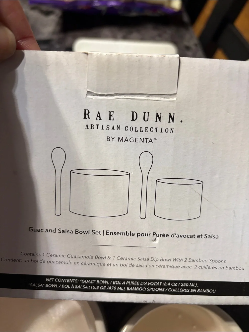 Rae Dunn White Ceramic 'SALSA' & 'GUAC' Bowls with Bamboo Spoons